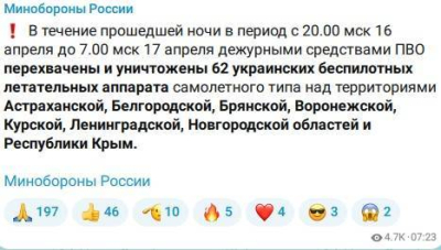 За ночь средства ПВО сбили 62 украинских беспилотников